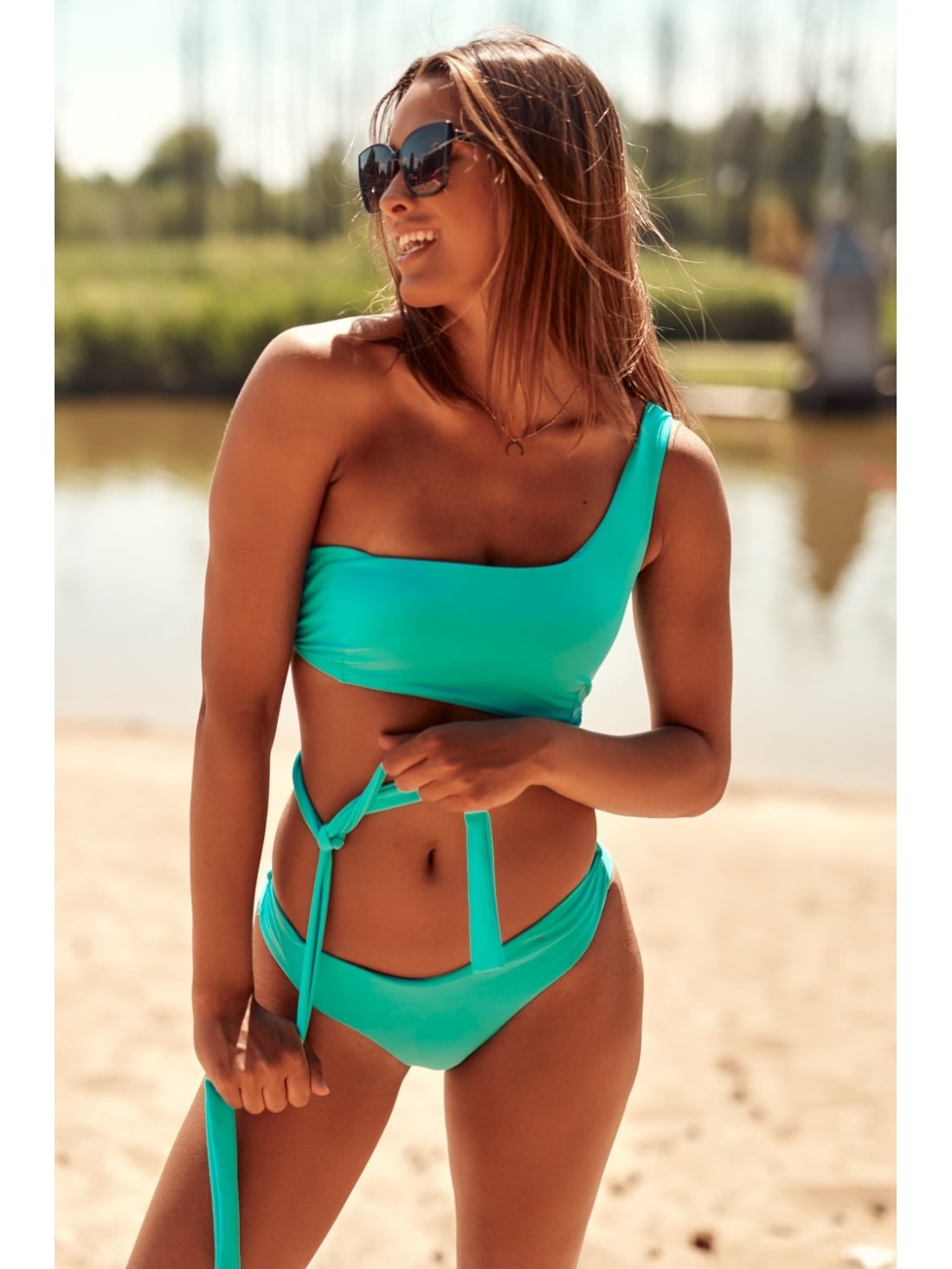 Two-piece asymmetric turquoise swimsuit K17 - Online store - Boutique